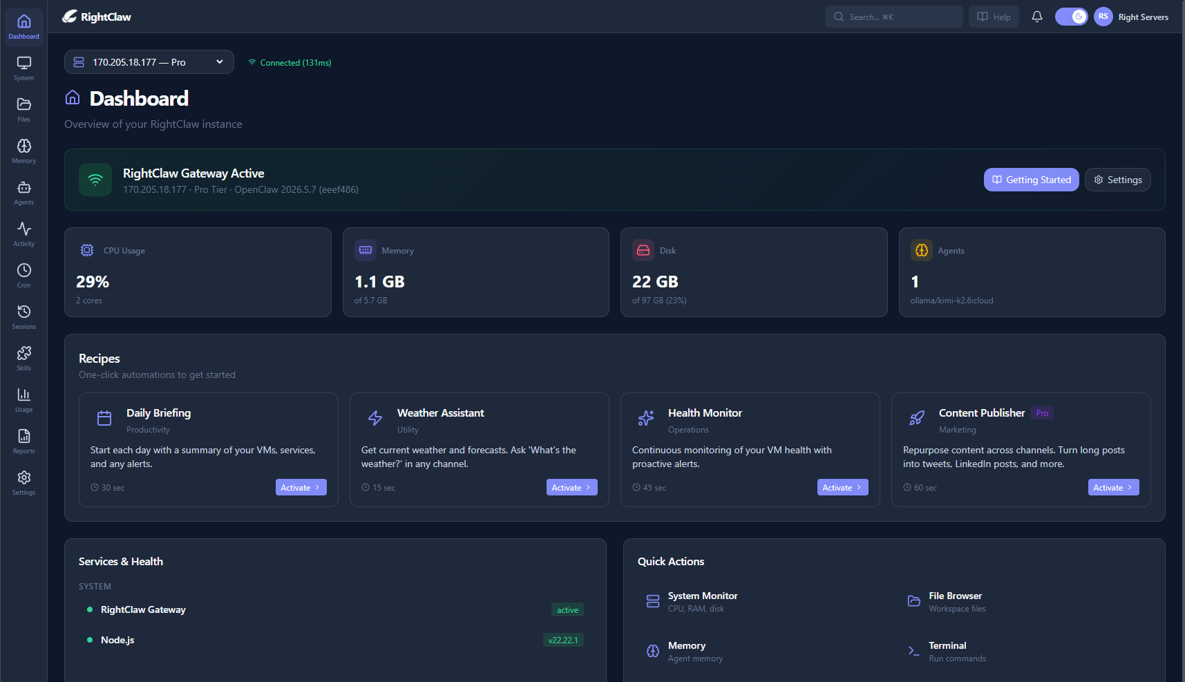 RightClaw Pro Dashboard showing gateway status and system metrics